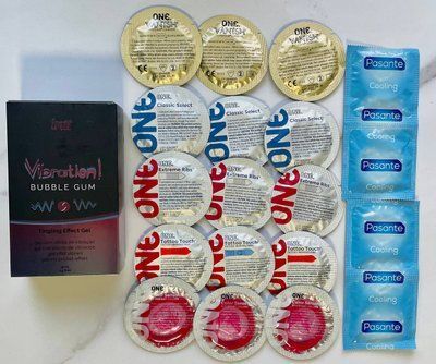 Набор 19 шт ONE Classic, Vanish, Color Sensations , Extreme ribs, Tattoo Touch - Pasante Cooling +Intt Vibration Bubble Gum (15 мл) SOS1760 фото