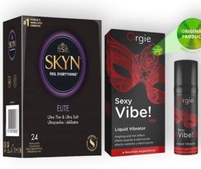 SKYN Elite, 24 шт + SEXY VIBE, 15 мл вібрація + зігріваючий ефект ORGIE SOS7014 фото