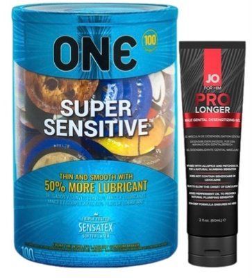 Набор из ONE Super Sensitive 100 шт + Пролонгатор System JO Prolonger Gel (60 мл) SOS9510 фото
