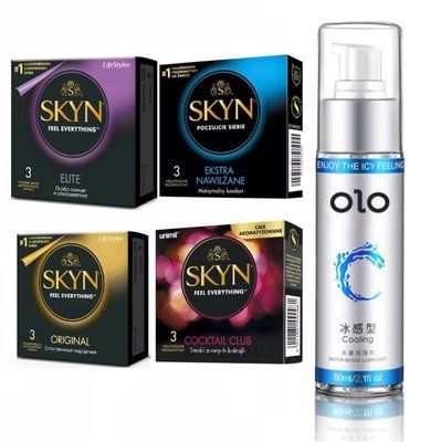 Набір SKYN 12 шт : Original , Elite , Extra Lube , Cocktail Club та Лубрикант OLO охолоджуючий 60 мл SOS123 фото
