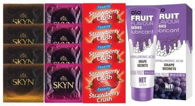 Комплект: Лубрикант OLO со вкусом винограда (120 мл) + 8 шт. SKYN + 4 шт. Pasante Strawberry Crush SOS10674 фото