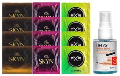 Комплект: Пролонгатор LOVELY LOVERS DELAY SPRAY 50 ML + 8 шт SKYN + 4 шт EXS Glow in the Dark SOS10824 фото