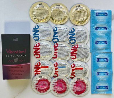 Набор 19 шт ONE Classic, Vanish, Color Sensations , Extreme ribs, Tattoo Touch - Pasante Cooling +Intt Vibration Cotton Candy (15 мл) SOS1761 фото