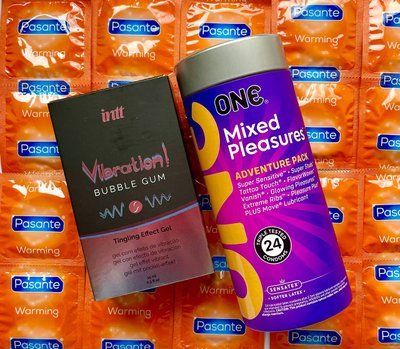 Набор 36 шт ONE Mixed Pleasures + Pasante Warming + Жидкий вибратор Intt Vibration Cotton Candy (15 мл) SOS1561 фото