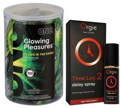 Набор из ONE Glowing Pleasures, 100 шт + Пролонгатор Orgie Time Lag 2 Delay Spray, 10 мл SOS9560 фото