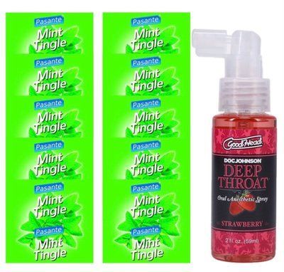 Комплект Pasante Mint Tingle 10 шт + Doc Johnson GoodHead DeepThroat Spray Sweet Strawberry, 59 мл SOS13932 фото