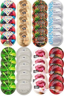 Набор с 40 шт ONE Ribs + ONE Vanish + ONE Tattoo + ONE Sensitive + ONE Glowing + ONE Dome + ONE Bubblegum + ONE Chocolate Strawberry SOS8315 фото