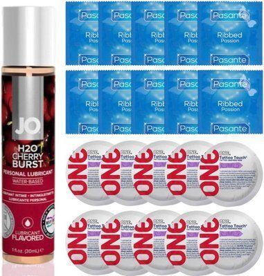 Набір 20 шт Pasante Ribbed та ONE Tattoo Touch + System JO H2O &mdash; Cherry Burst (30 мл) SOS4903 фото