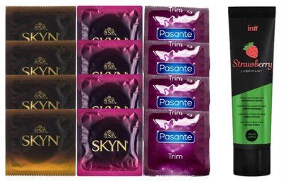Набір: Смазка Intt Strawberry (100 мл) + 4 шт SKYN Passion daiquiri + 4 шт SKYN CHERRY SUNRISE + 4 шт Pasante TRIM SOS10376 фото
