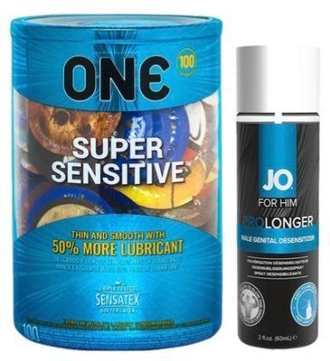 Набор из ONE Super Sensitive 100 шт + Пролонгатор System JO Prolonger Spray with Benzocaine (60 мл) SOS9511 фото