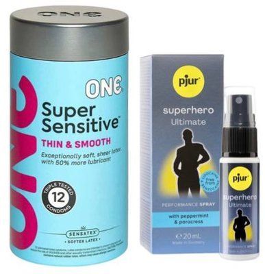 Набор из ONE Super Sensitive Pack 12 шт + Пролонгатор pjur Superhero Ultimate Spray 20 мл SOS9411 фото