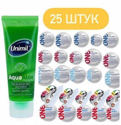 Набор One 25 шт: Ribs , Classic , UltraFeel , Tattoo, Sensitive и Лубрикант Unimil Aqua Aloe 80 мл SOS517 фото