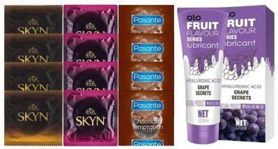 Комплект: Лубрикант OLO со вкусом винограда (120 мл) + 8 шт. SKYN + 4 шт. Pasante Chocolate Temptation SOS10675 фото