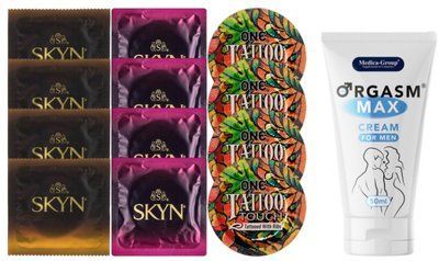 Комплект: Пролонгатор Medica-Group Orgasm Max для 50 мл + 8 шт SKYN + 4 шт ONE Tattoo SOS10974 фото