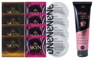Комплект: Лубрикант Intt Cotton Candy (100мл) + 8 шт. SKYN+4 шт. ONE Extra strong SOS10423 фото