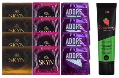 Набір: Смазка Intt Strawberry (100 мл) + 4 шт SKYN Passion Daiquiri + 4 шт SKYN CHERRY SUNRISE + 4 шт Pasante Adore Extra Sure SOS10371 фото