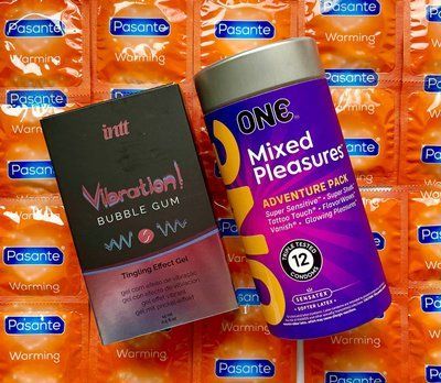 Комплект 24 шт ONE Mixed Pleasures + Pasante Warming + Жидкий вибратор Intt Vibration Bubble Gum (15 мл) SOS1562 фото