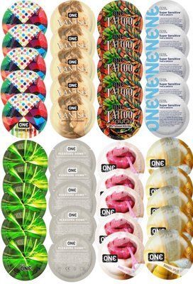 Набор с 40 шт ONE Ribs + ONE Vanish + ONE Tattoo + ONE Sensitive + ONE Glowing + ONE Dome + ONE Bubblegum + ONE Banana SOS8316 фото