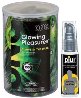 Набор из ONE Glowing Pleasures, 100 шт + Пролонгатор pjur Superhero Serum 20 мл SOS9567 фото