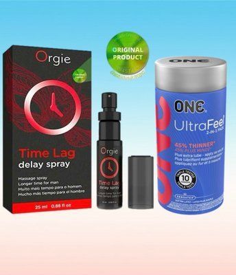 Пролонгатор для чоловіків Time Lag, 25 мл. ORGIE + ONE UltraFeel 2-in-1 Pack 10 шт SOS6671 фото