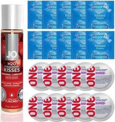 Набір 20 шт Pasante Ribbed та ONE Tattoo Touch + System JO H2O &mdash; Strawberry Kiss (30 мл) SOS4904 фото