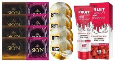 Комплект: Лубрикант OLO со вкусом клубники (120 мл) + 8 шт. SKYN + 4 шт. ONE Banana Split SOS10631 фото