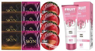 Комплект: Лубрикант OLO со вкусом персика (120 мл) + 8 шт. SKYN + 4 шт. ONE Chocolate Strawberry SOS10530 фото
