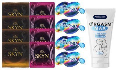 Комплект: Пролонгатор Medica-Group Orgasm Max 50 мл + 8 шт SKYN + 4 шт ONE ONE UltraFeel SOS10980 фото