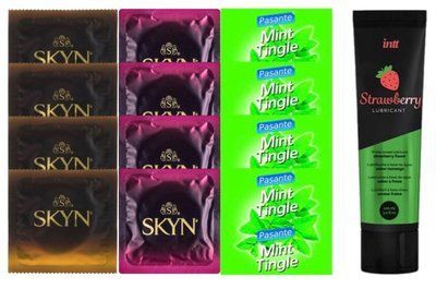 Набір: Смазка Intt Strawberry (100 мл) + 4 шт SKYN Passion дайкири + 4 шт SKYN CHERRY SUNRISE + 4 шт Pasante Mint Tingle SOS10377 фото