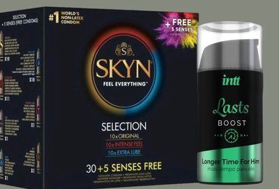 Набор Skyn ​​Selection 30 шт + 5 of 5 Senses + Пролонгатор для мужчин Intt Lasts (15 мл) SOS4956 фото