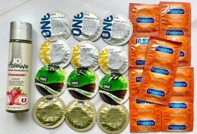 Набор 22 шт ONE Classic, Vanish, Flavor Waves , Super Studs - Pasante Warming + System JO Aromatix Strawberry 120 мл SOS1768 фото