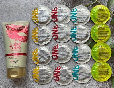 Комплект 16 шт ONE Super Studs, Extreme Ribs, Pleasure Plus, Glowing Pleasures + лубрикант LUBE TUBE HOT, 150 мл ORGIE SOS2419 фото