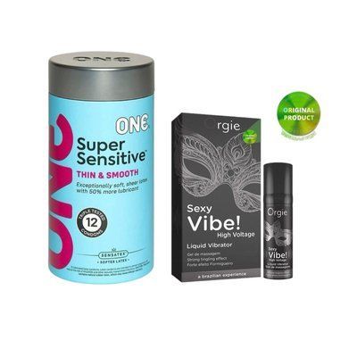 ONE Super Sensitive Pack 12 шт+Рідкий вібратор ORGIE SEXY VIBE "Найвищий рівень вібрації", 15 мл SOS6545 фото