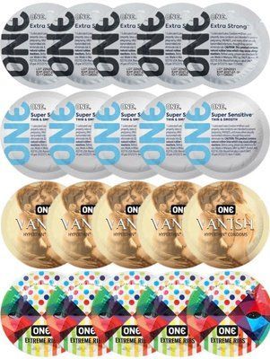 Набір з 20 шт ONE Extra strong + 𝐎𝐍𝐄 𝐒𝐮𝐩𝐞𝐫 𝐒𝐞𝐧𝐬𝐢𝐭𝐢𝐯𝐞 + ONE Vanish + One Extreme ribs SOS8167 фото