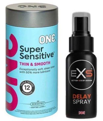 Набор из ONE Super Sensitive Pack 12 шт + Пролонгатор EXS DELAY SPRAY 50 МЛ SOS9418 фото