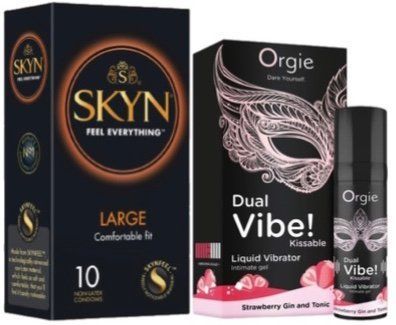 Набор из 10 шт SKYN Large + Жидкий вибратор Orgie Dual Vibe! Strawberry Gin & Tonic Kissable Liquid Vibrator, 15 мл SOS10328 фото