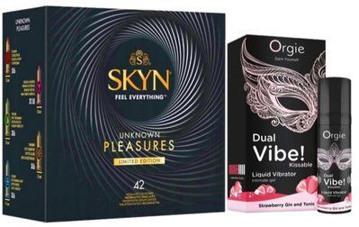 Набор из SKYN Pleasures (42 шт) + Жидкий вибратор Orgie Dual Vibe! Strawberry Gin & Tonic Kissable Liquid Vibrator (15 мл) SOS10028 фото