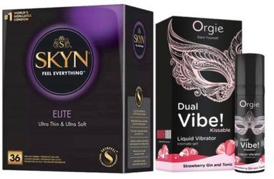 Набор из SKYN Elite 36 шт+Жидкий вибратор Orgie Dual Vibe! Strawberry Gin & Tonic Kissable Liquid Vibrator (15 мл) SOS10228 фото