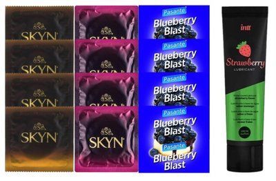 Набір: Смазка Intt Strawberry (100 мл) + 4 шт SKYN Passion дайкири + 4 шт SKYN CHERRY SUNRISE + 4 шт Pasante Blueberry Blast SOS10378 фото
