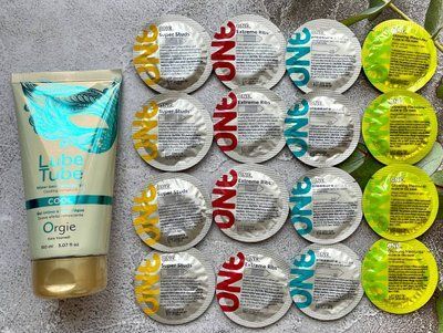 Комплект 16 шт ONE Super Studs, Extreme Ribs, Pleasure Plus, Glowing Pleasures + лубрикант LUBE TUBE COOL, 150 мл ORGIE SOS2420 фото