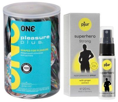 Набор из ONE Pleasure Plus, 100 шт + Пролонгатор pjur Superhero Strong Spray 20 ml SOS9118 фото
