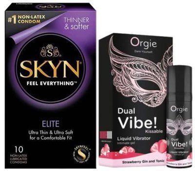 Набір з SKYN Elite (10 шт) + Рідкий вібратор Orgie Dual Vibe! Strawberry Gin & Tonic Kissable Liquid Vibrator (15 мл) SOS9728 фото