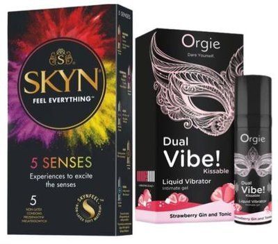 Набор из SKYN 5 Senses + Жидкий вибратор Orgie Dual Vibe! Strawberry Gin & Tonic Kissable Liquid Vibrator, 15 мл SOS9618 фото