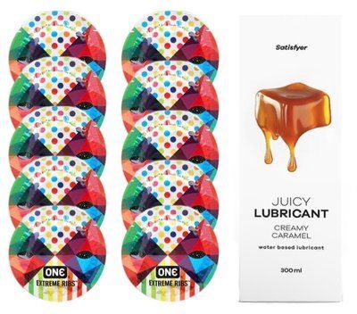 Комплект One Extreme ribs 10 шт. + Лубрикант Satisfyer Juicy Lubricant Creamy Caramel (300 мл) SOS12137 фото