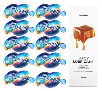 Комплект 𝐎𝐍𝐄 𝐔𝐥𝐭𝐫𝐚𝐅𝐞𝐞𝐥 10 шт. + Лубрикант Satisfyer Juicy Lubricant Creamy Caramel (300 мл) SOS12287 фото