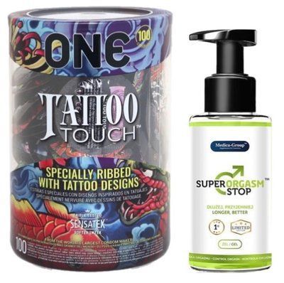 Набор из ONE Tattoo Touch, 100 шт + Пролонгатор Medica-group Super Orgasm Stop 150 мл SOS9168 фото
