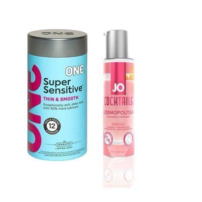 ONE Super Sensitive Pack 12 шт.+ Лубрикант на водній основі System JO Cocktails - Cosmopolitan без цукру, рослинний гліцерин (60 мл) SOS6495 фото