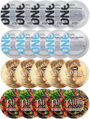 Набір з 20 шт ONE Extra strong + 𝐎𝐍𝐄 𝐒𝐮𝐩𝐞𝐫 𝐒𝐞𝐧𝐬𝐢𝐭𝐢𝐯𝐞 + ONE Vanish + ONE Tattoo Touch SOS8168 фото