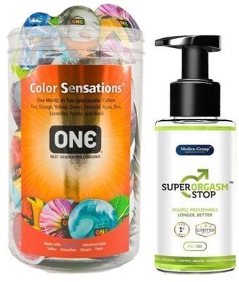 Набор из ONE Color Sensations 100 шт + Пролонгатор Medica-group Super Orgasm Stop 150 мл SOS9169 фото