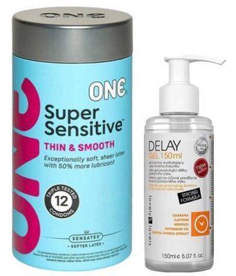 Набор из ONE Super Sensitive Pack 12 шт + Пролонгатор Lovely Lovers DELAY GEL 150ml SOS9419 фото